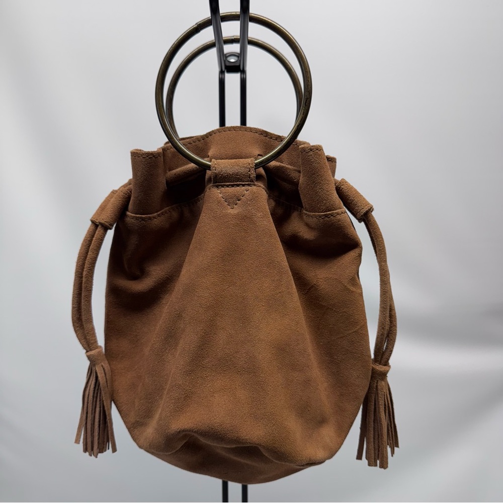 World Market Cognac Brown Suede Leather Handbag Cost Plus Ring Handles Boho